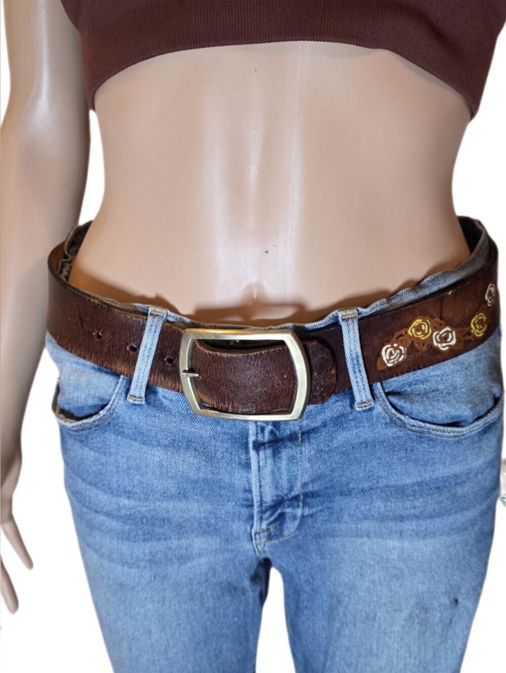 Vintage Tooled Leather Name Belt SANDY Painted Yellow Rose Western Boho